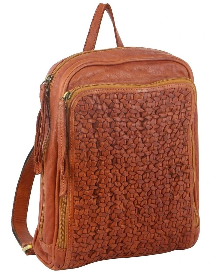 Pierre Cardin Woven Leather Ladies Backpack Bag Travel Satchel Zip - Cognac image 1