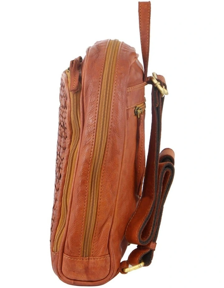 Pierre Cardin Woven Leather Ladies Backpack Bag Travel Satchel Zip - Cognac image 2