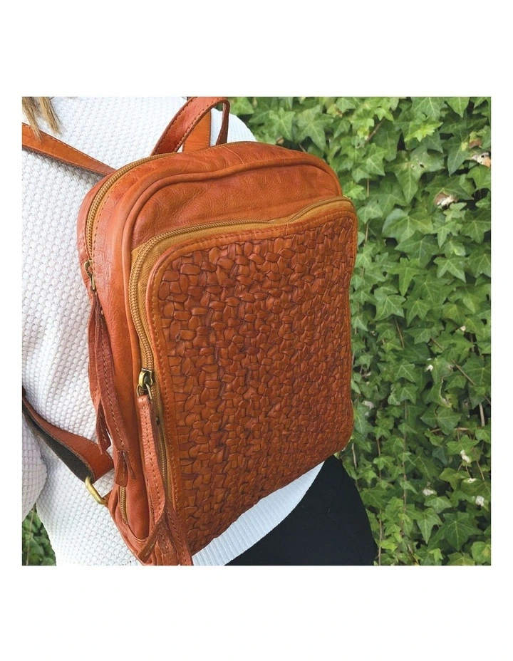 Pierre Cardin Woven Leather Ladies Backpack Bag Travel Satchel Zip - Cognac image 3