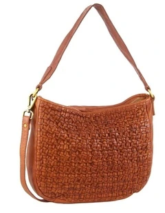 Pierre Cardin Woven Leather Ladies Crossbody Messenger Bag Travel - Cognac