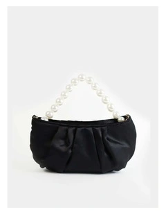 Victoria Satin Pearl Strap Bag in Black
