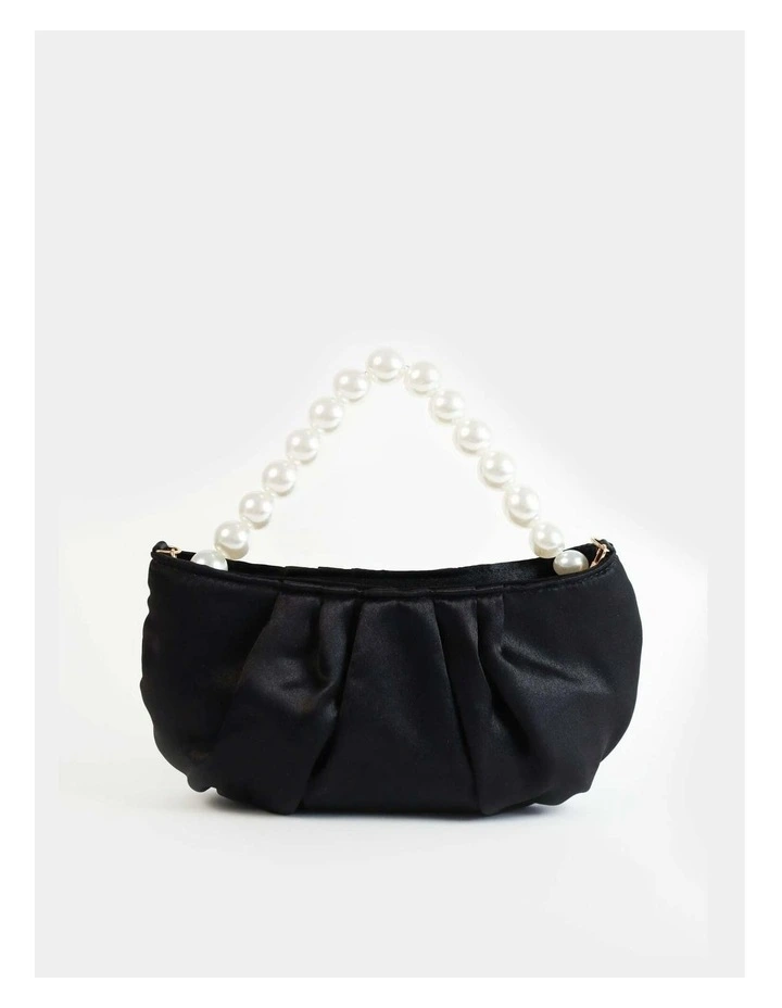 Victoria Satin Pearl Strap Bag in Black image 1