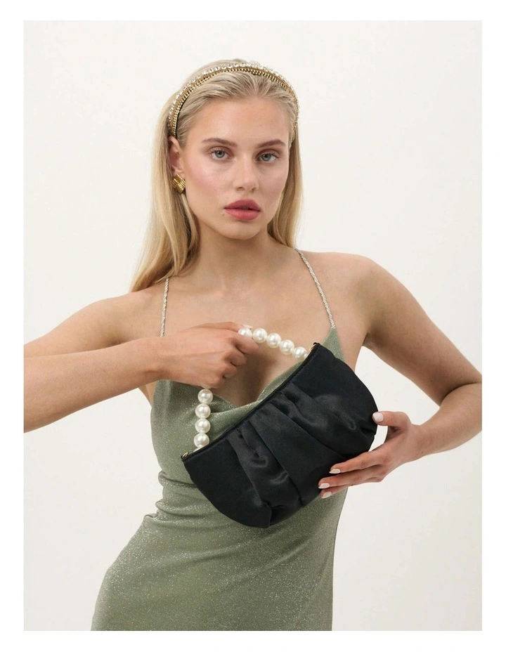 Victoria Satin Pearl Strap Bag in Black image 2