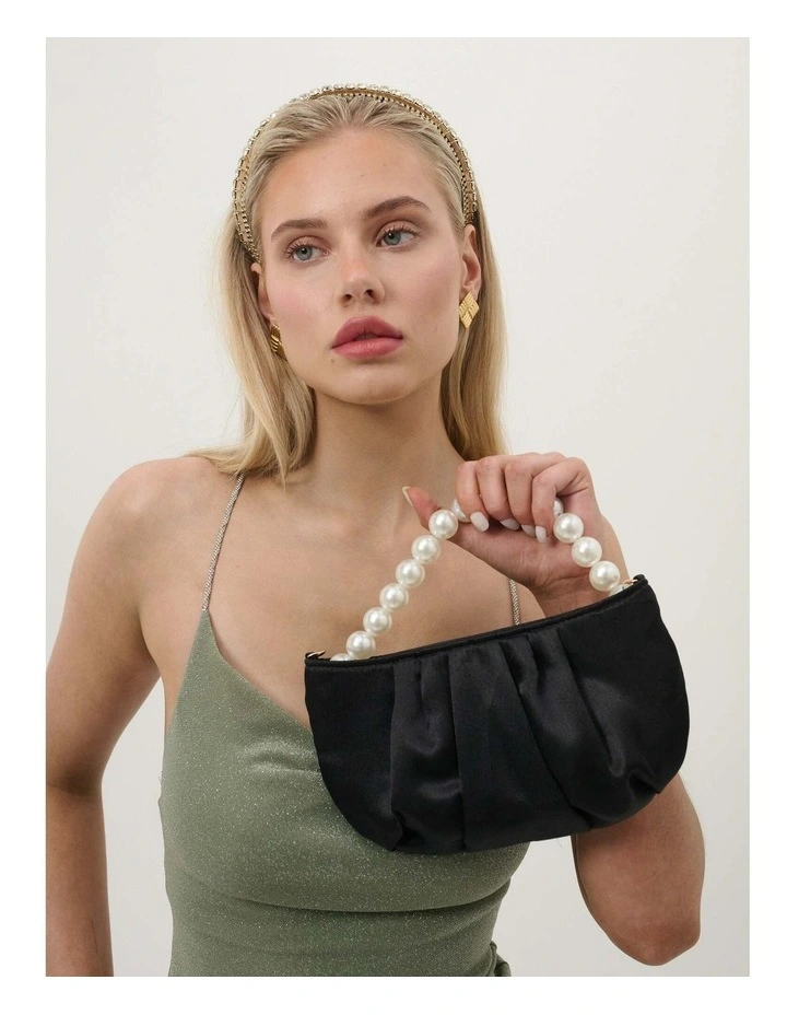 Victoria Satin Pearl Strap Bag in Black image 4