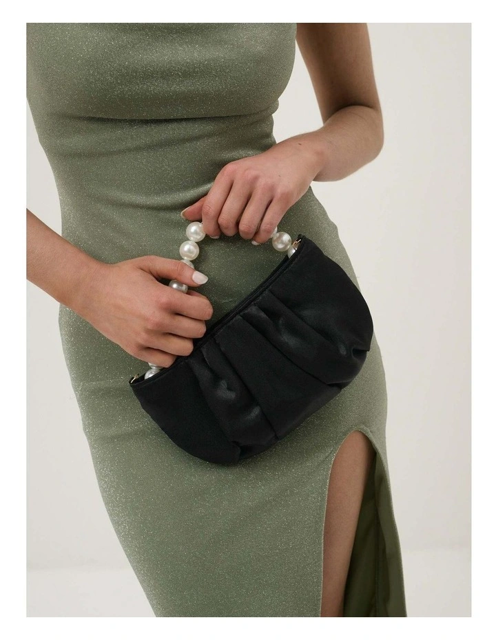 Victoria Satin Pearl Strap Bag in Black image 6