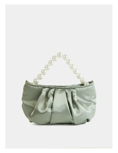 Victoria Satin Pearl Strap Bag in Sage