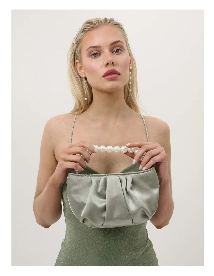 Victoria Satin Pearl Strap Bag in Sage image 2