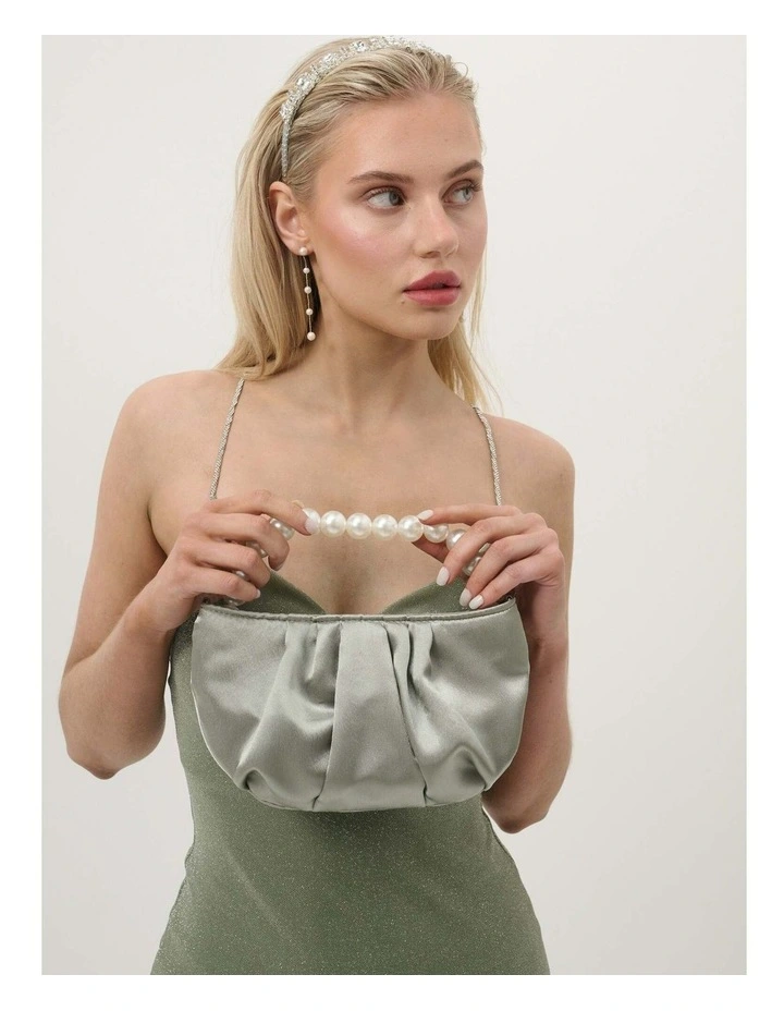 Victoria Satin Pearl Strap Bag in Sage image 4