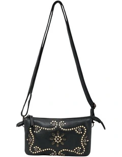 Fitzroy studded cross body bag w/ adjustable strap in black
