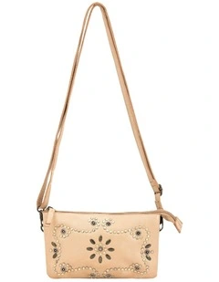 Fitzroy studded cross body bag w/ adjustable strap in taupe