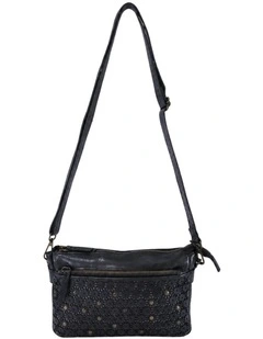 Bowral laser cut cross body strap w/ studs in black