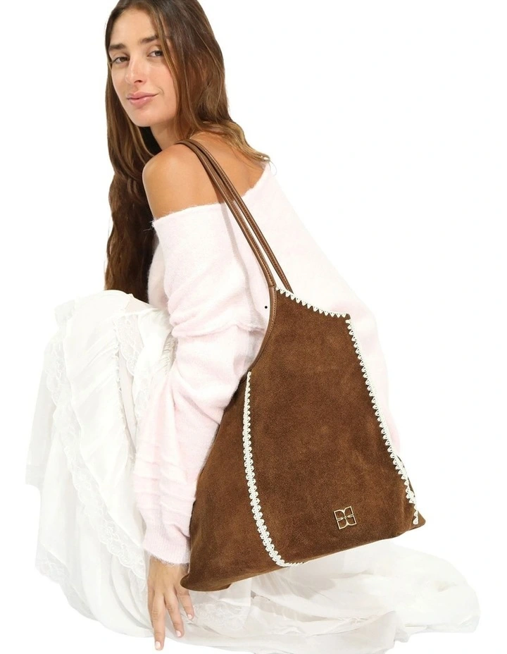 Back To Friends Suede Shopper in Tan image 2