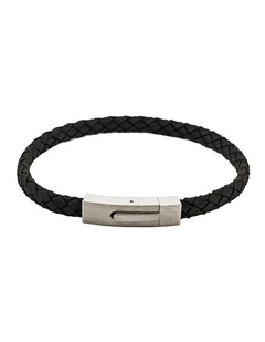 Braided Suede & Steel Calabria Bracelet, 21.5cm x 6mm, Nero