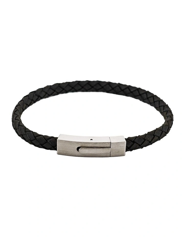 Braided Suede & Steel Calabria Bracelet, 21.5cm x 6mm, Nero image 1