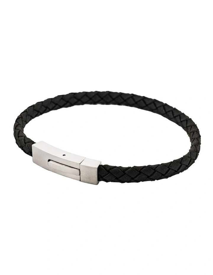 Braided Suede & Steel Calabria Bracelet, 21.5cm x 6mm, Nero image 3