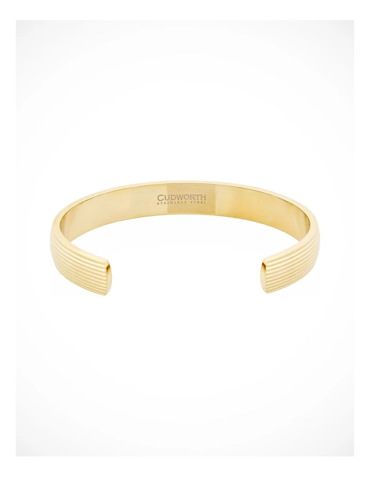 Ion Plated 14k Gold Polished Stainless Steel Cuff Bangle with stripes. image 4