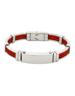 Polished Stainless Steel Bracelet with Double Strand Braided Red Leather