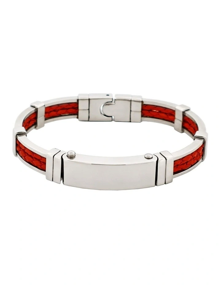 Polished Stainless Steel Bracelet with Double Strand Braided Red Leather image 1