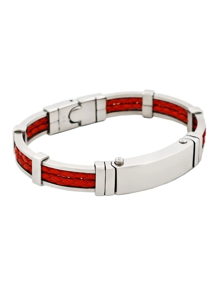Polished Stainless Steel Bracelet with Double Strand Braided Red Leather image 2