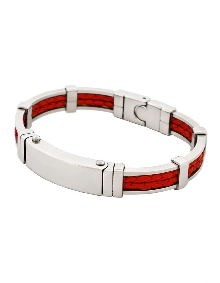 Polished Stainless Steel Bracelet with Double Strand Braided Red Leather image 3