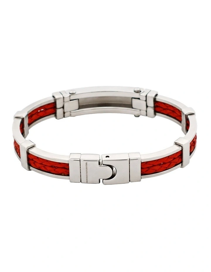 Polished Stainless Steel Bracelet with Double Strand Braided Red Leather image 5
