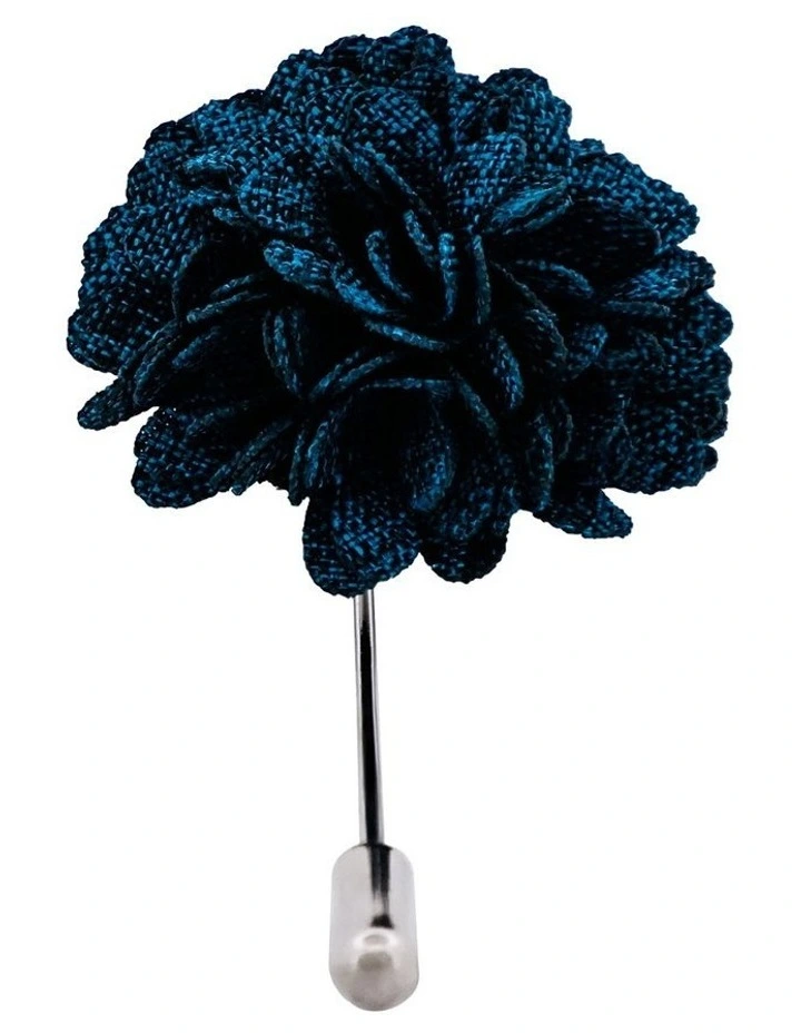 Navy Blue Fabric Flower Rhodium Lapel Pin image 2