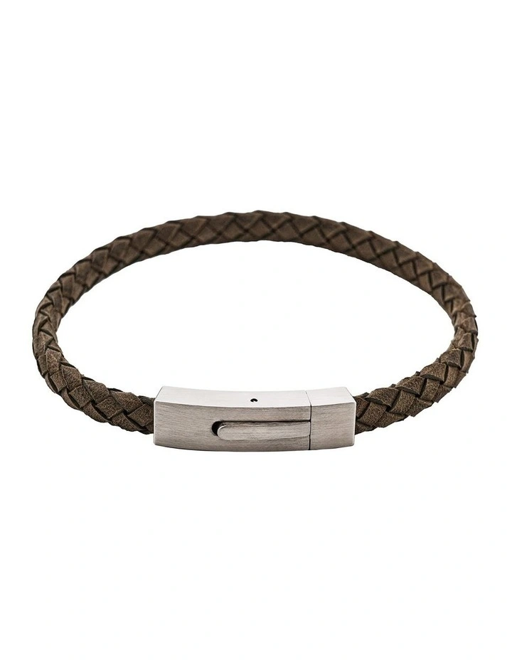 Braided Suede & Steel Calabria Bracelet, 21.5cm x 6mm, Flint image 1