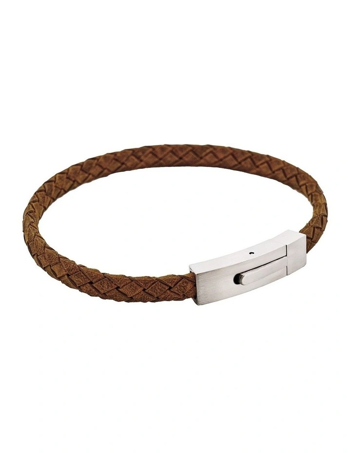 Braided Suede & Steel Calabria Bracelet, 21.5cm x 6mm, Tan image 2