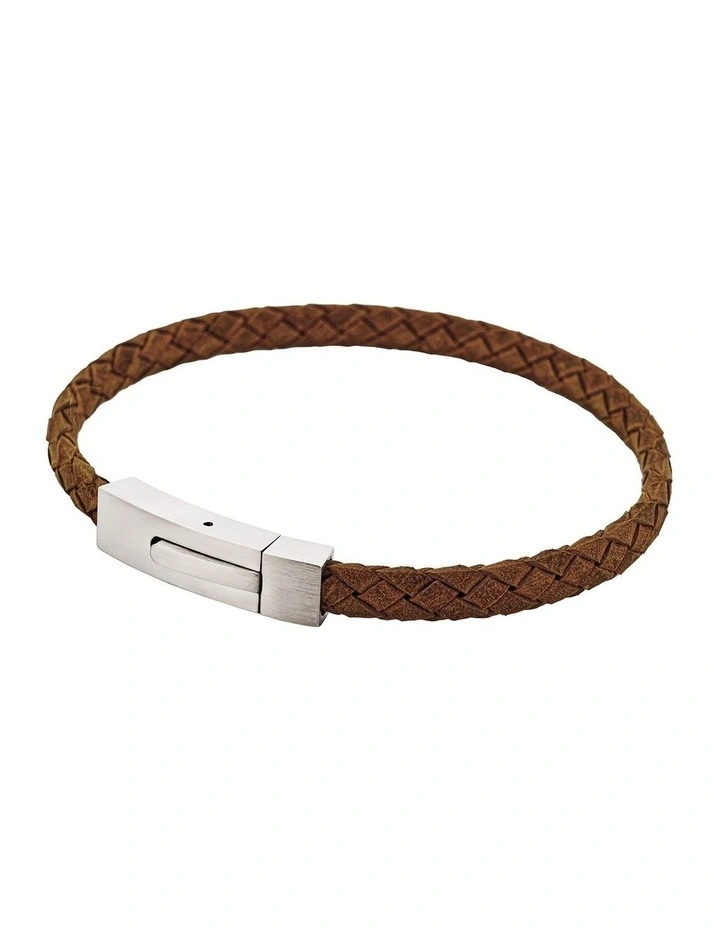 Braided Suede & Steel Calabria Bracelet, 21.5cm x 6mm, Tan image 3