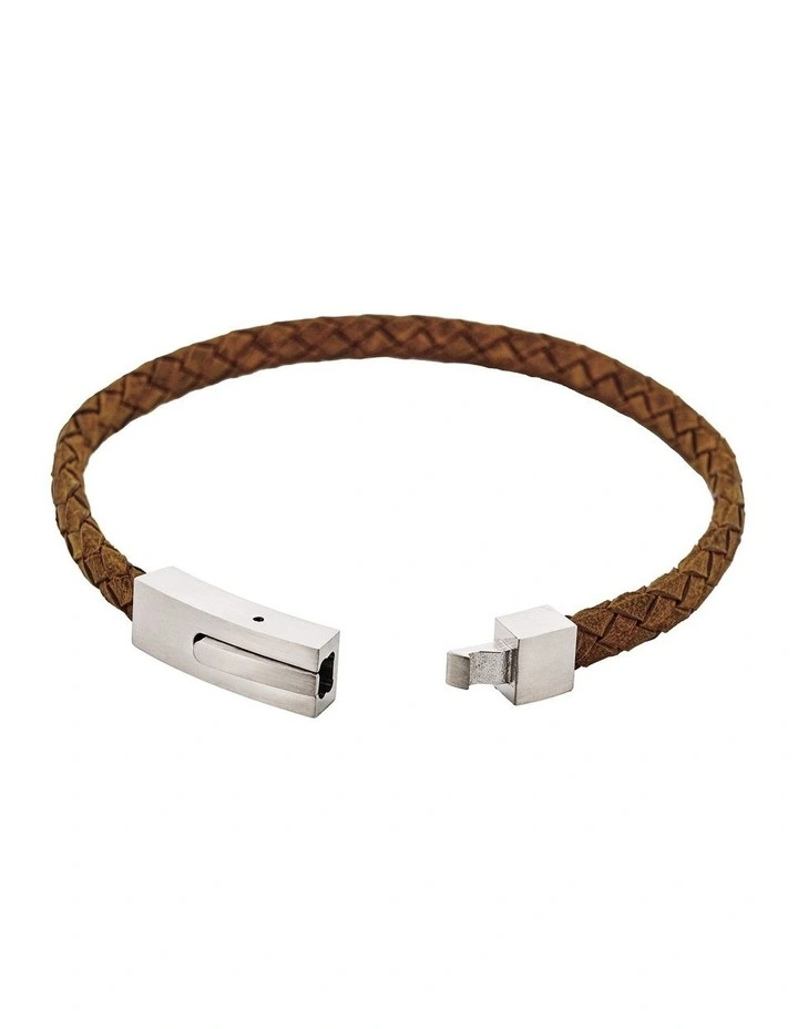 Braided Suede & Steel Calabria Bracelet, 21.5cm x 6mm, Tan image 4
