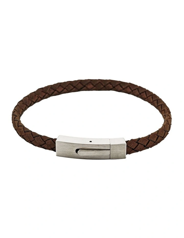 Braided Suede & Steel Calabria Bracelet, 21.5cm x 6mm, Brown image 1