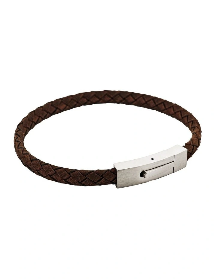Braided Suede & Steel Calabria Bracelet, 21.5cm x 6mm, Brown image 2