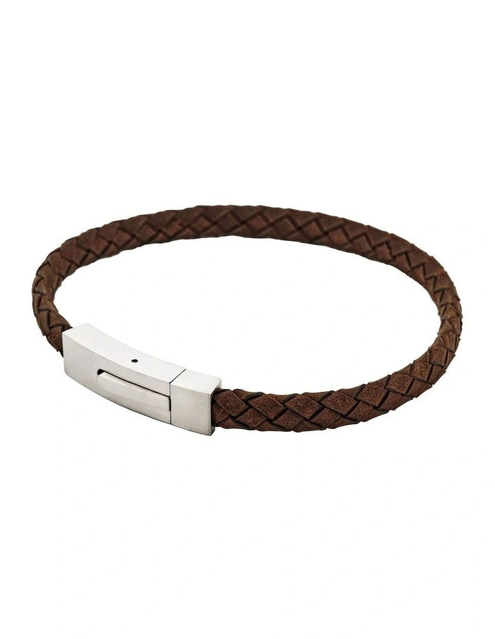 Braided Suede & Steel Calabria Bracelet, 21.5cm x 6mm, Brown image 3