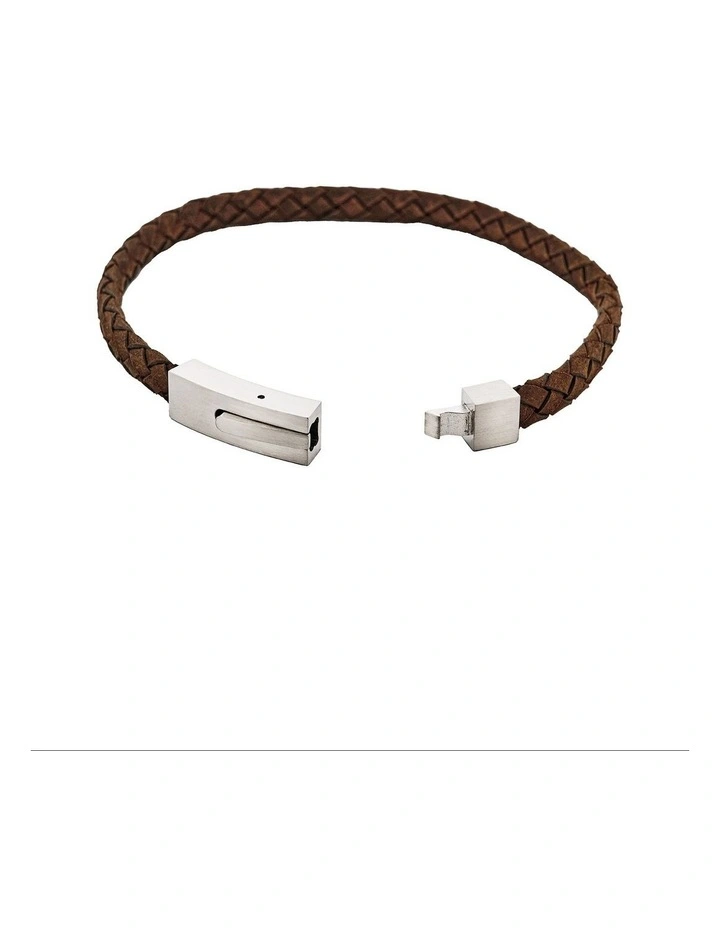 Braided Suede & Steel Calabria Bracelet, 21.5cm x 6mm, Brown image 4