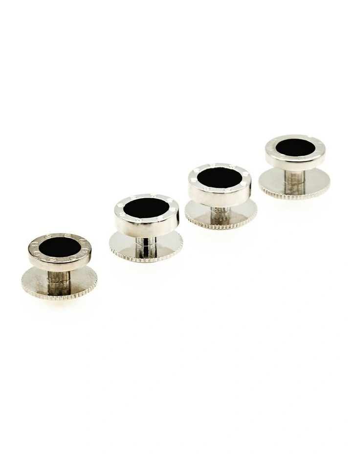 Rhodium plated and round Onyx Screw Shirt Studs (set of 4) image 2