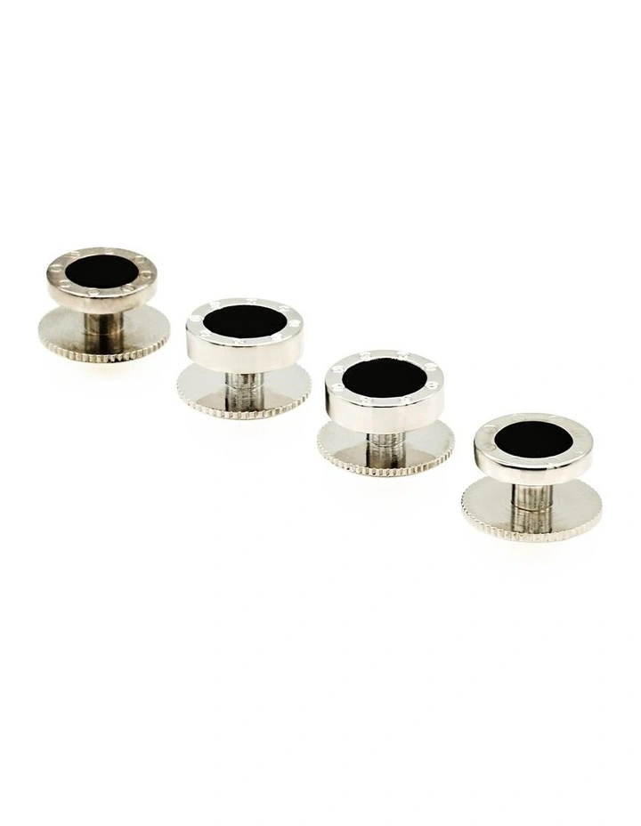 Rhodium plated and round Onyx Screw Shirt Studs (set of 4) image 3