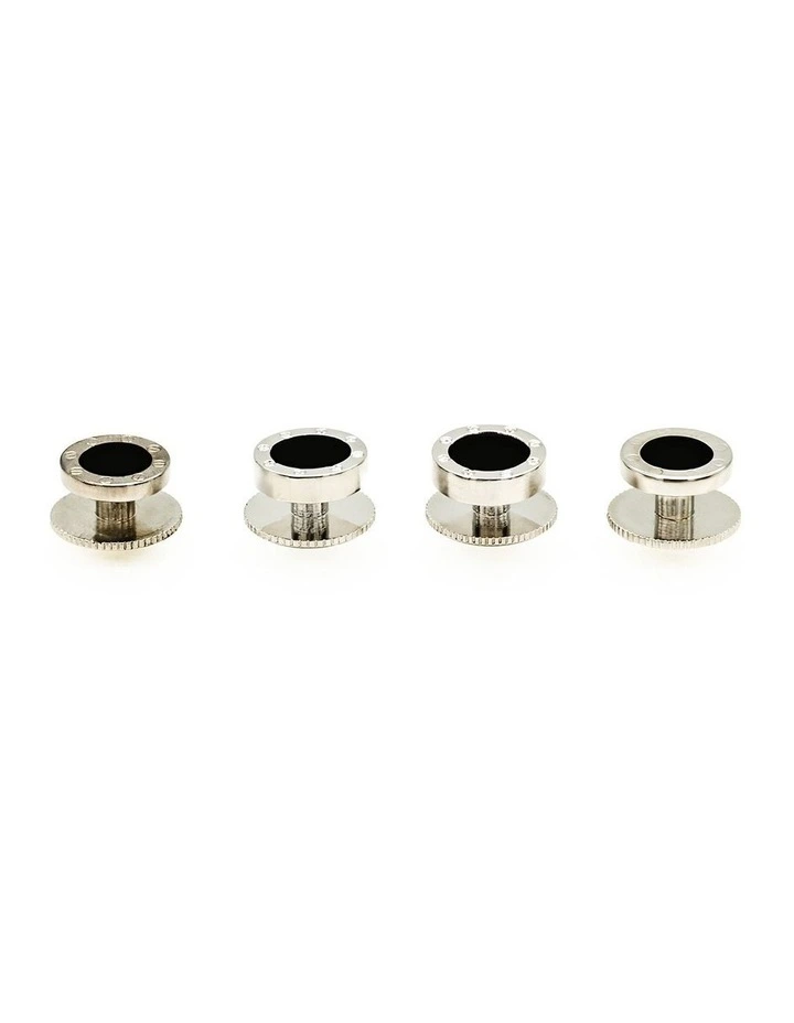 Rhodium plated and round Onyx Screw Shirt Studs (set of 4) image 4