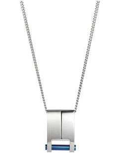 Brushed & Polished Stainless Steel & Ion Plated Blue Pendant on Curbed Link Chain