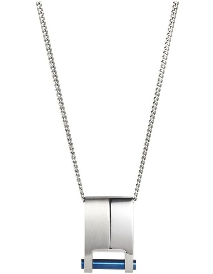 Brushed & Polished Stainless Steel & Ion Plated Blue Pendant on Curbed Link Chain image 1