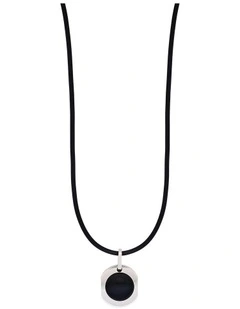 Polished Stainless Steel & Onyx Round Pendant on Chain