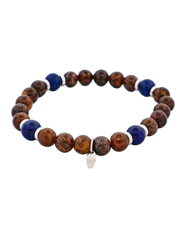8mm Bronzite & Lapis Lazuli Stainless Steel Beaded Bracelet image 1