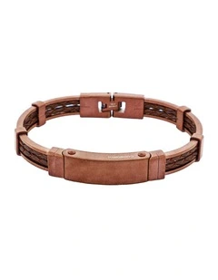 Antique Ion Plated Brown Stainless Steel Bracelet with Double Strand Braided Brown Leather