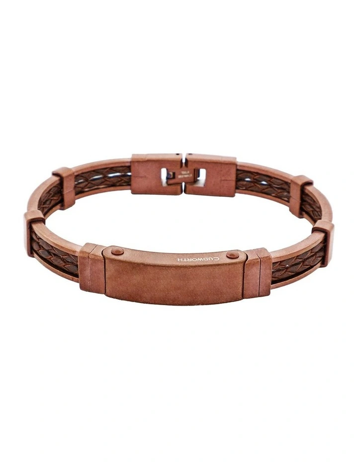 Antique Ion Plated Brown Stainless Steel Bracelet with Double Strand Braided Brown Leather image 1