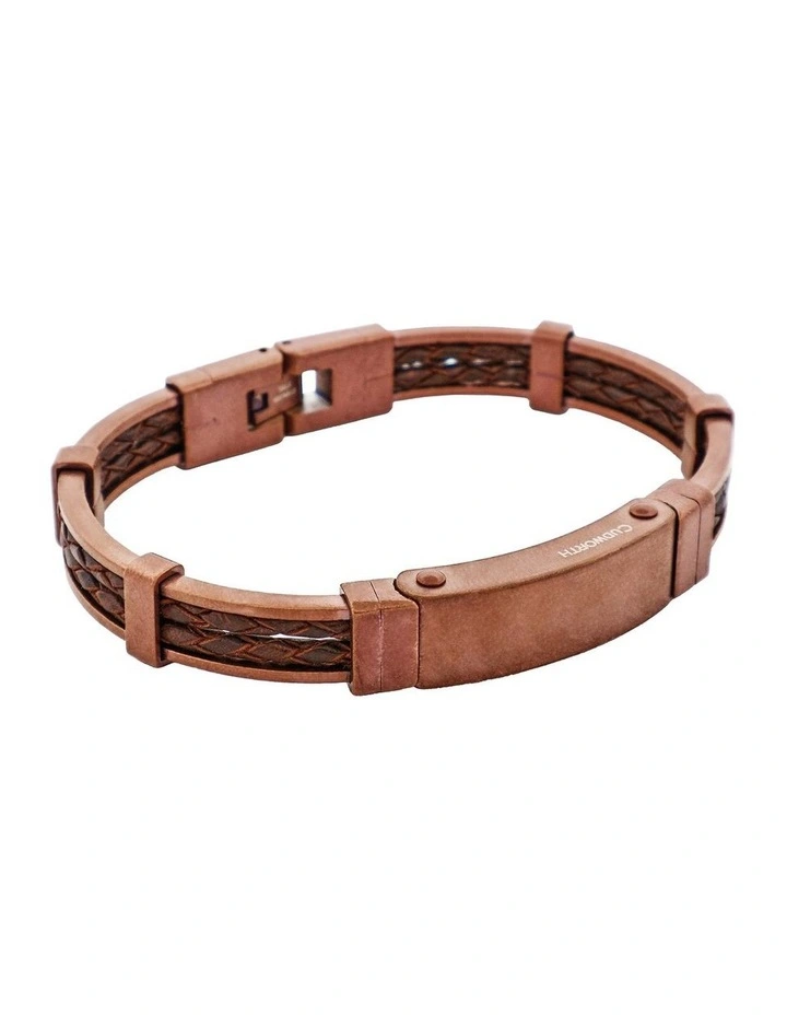 Antique Ion Plated Brown Stainless Steel Bracelet with Double Strand Braided Brown Leather image 2