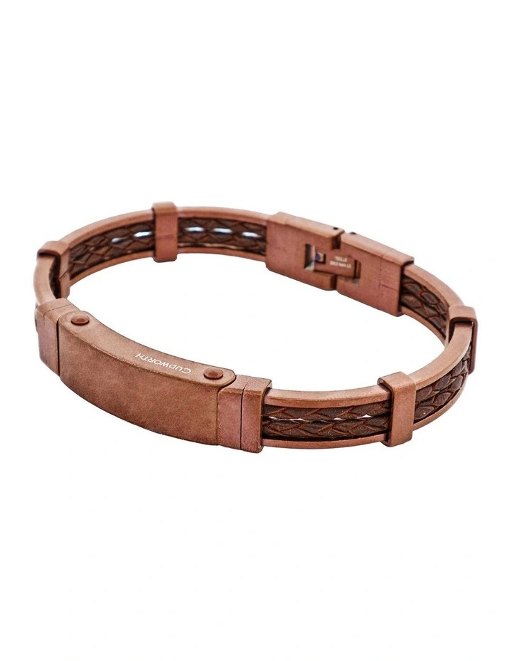 Antique Ion Plated Brown Stainless Steel Bracelet with Double Strand Braided Brown Leather image 3