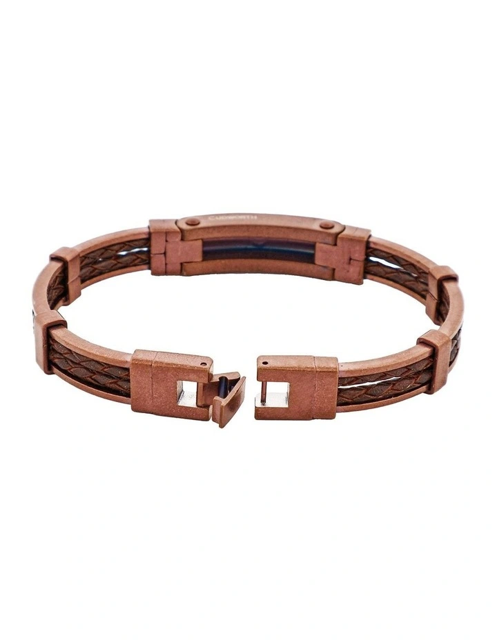 Antique Ion Plated Brown Stainless Steel Bracelet with Double Strand Braided Brown Leather image 4