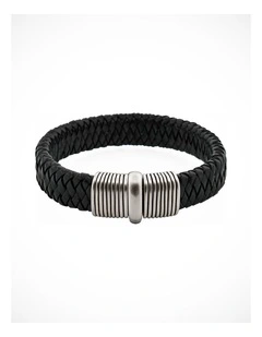 Black Woven Leather Bracelet with Brushed Rhodium Plated Sterling Silver Clasp