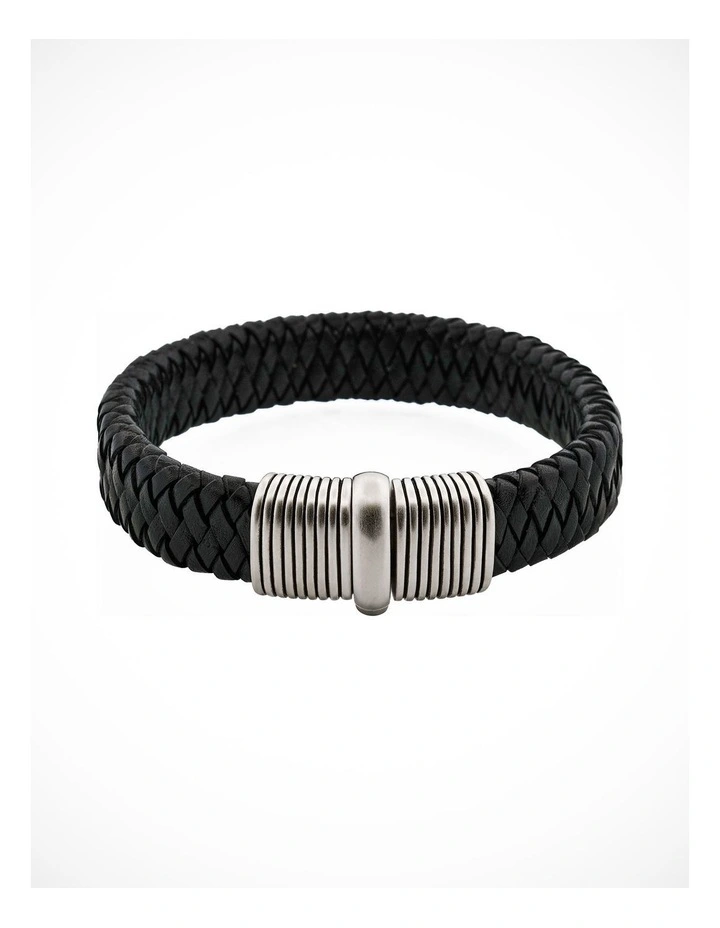 Black Woven Leather Bracelet with Brushed Rhodium Plated Sterling Silver Clasp image 1