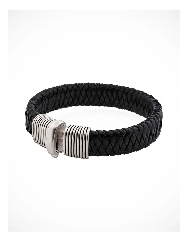 Black Woven Leather Bracelet with Brushed Rhodium Plated Sterling Silver Clasp image 2