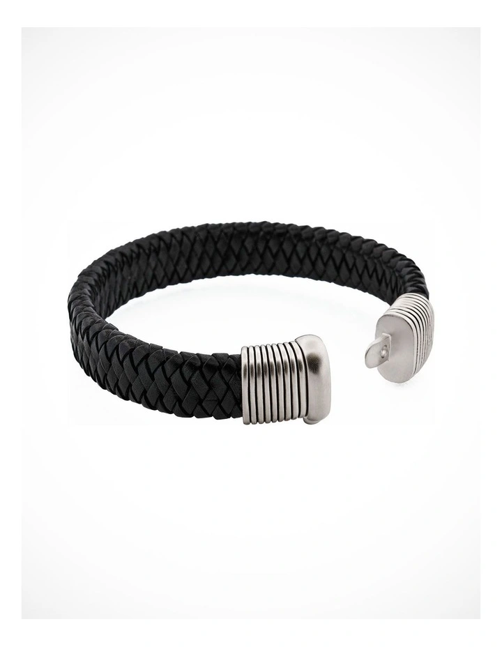 Black Woven Leather Bracelet with Brushed Rhodium Plated Sterling Silver Clasp image 3